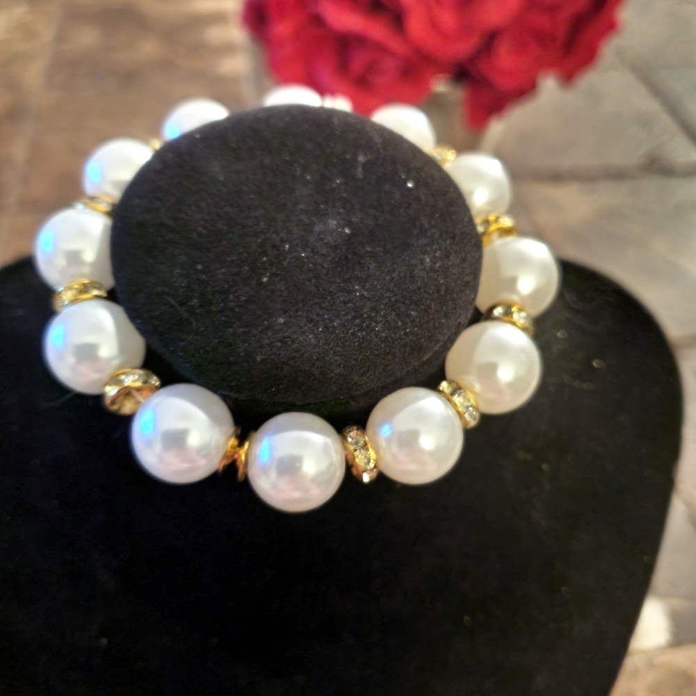 2 Faux Stretchy Pearl Bracelet with gold rhinestone separators NWT